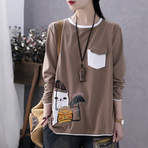 Han Suoyi retro art autumn new T-shirt womens long sleeve loose patch cloth embroidered flower color base shirt top