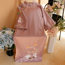 Yiyi home-made smashed osmanthus rabbit hand push embroidered one-piece retro Chinese style cheongsam dress 2021