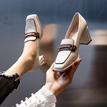 High heels women 2022 Spring new spring models 2021 small leather shoes Inn 100 lapped thick heel with square head single shoes