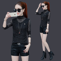 2021 new autumn lace base shirt women with high neck t-shirt on clothes long sleeves Spring and Autumn Winter Joker