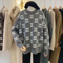 Lolora bear sweater female 2021 new semi-high collar loose pullover thick medium and long knitted sweater tide