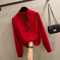 South Korean snow-spinning shirt woman long sleeve 2020 spring autumn new Korean version loose lace small shirt butterfly knot collar shirt tide