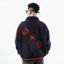 BIPOLAR chessboard smiley face Lamb cashmere country trend winter thickened lamb hair cotton coat loose coat men
