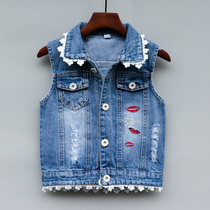 Girl Cowboy Waistcoat Spring Fall Child Vest Size Child Foreign Air Outside Wearing Girl Kan Shoulder Cotton Waistcoat Thin