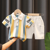 Boy Yangqi Summer clothing suit Childrens turned shirt tennis red baby bump color striped T-shirt shorts Two sets of trends