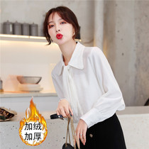 2021 spring and autumn new plus velvet thick Korean long-sleeved shirt womens solid color bow loose thin bottoming top