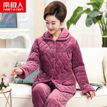 Pajamas women winter coral velvet cotton three layers thick plus velvet warm middle-aged mother home clothing set autumn and winter