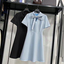 MRMW2021 summer new French light luxury V collar short sleeve dress female temperament streamer waist slim A- line dress