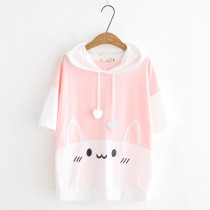 Female big boy loose short sleeve hoodie 13 Junior High School High School student coat 15 years old summer 16 cute girl T-shirt