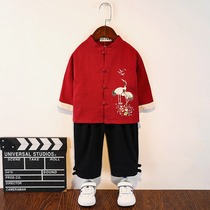 Childrens Chinese culture Hanfu Spring and Autumn Crane Tang suit Chinese style Mid-Autumn Festival Young Mens Baby Ancient Clothes Two Piece Set