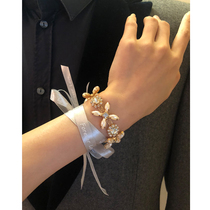 High-grade beautiful crystal flower bride bridesmaid bracelet flower fairy gray ribbon annual meeting event wrist flower
