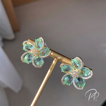 PP Ornament Ice Water Green Flowers Senteal Earrings Female Superfairy Temperament Superior Ear Accessories Delicate Light Lavish Crystal Earrings
