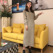 Autumn and winter womens knitted dress long sleeve hooded sweater skirt knee Korean loose sweater dress