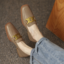 Sheep Leather Lefu Shoes Woman with Inron Wind Leather Shoes Sloth a foot pedal genuine leather square head coarse heel spring and autumn single shoe woman