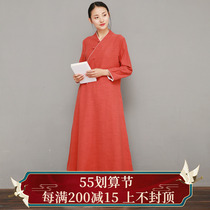 Red Dust-China Wind Retro Ancient Buddhare Tea Suit Zen Fu Autumn Winter Thickened Garnter Double linen cotton clot dress