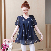 220 catties large size bottoming shirt western style womens clothing summer new fat mm loose belly cover floral chiffon top t-shirt women