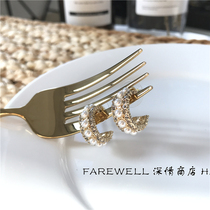 Design sense earrings niche frigid retro French simple net red pearl zircon sterling silver temperament wild earrings