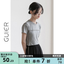 GUIER 2022 new summer splicing short sleeve t-shirt female design sensation with small crowd of loose round collar blouses