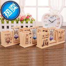 With hourglass double pen holder pendulum timer creative students 00 desktop stationery pen insert wood with pattern ornaments