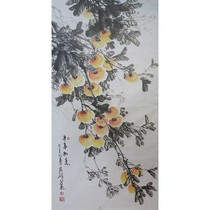 Famous hand-painted authentic ink painting four-foot vertical banner flower and bird painting works Chinese painting Persimmon