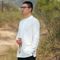 Chinese style spring cotton and hemp mens long-sleeved stand-up collar shirt Chinese plate buckle vintage casual shirt top