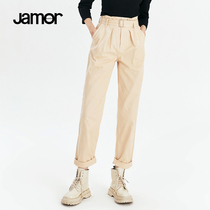 Jamor2021 autumn new waist design solid color casual pants high waist slim loose overalls pants