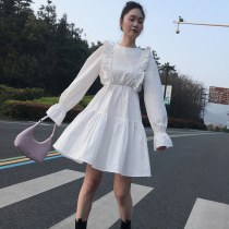 Small woman Womens 2021 New fold ruffled ruffle dress long sleeve gentle wind waist slim skirt White