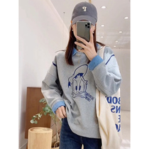 Splice women Spring and Autumn thin 2021 New Korean version of loose design sense niche cartoon embroidered pullover top