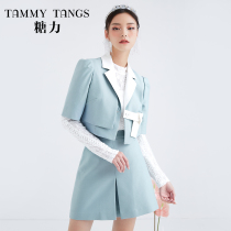 (Mall same section) Sugar blue Short minor Western suit Half body dress Two sets Temperament Fashion Suit Suit Women