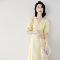 JOLIMENT gentle goddess good white ~ V collar bag buckle summer new long tea break dress women