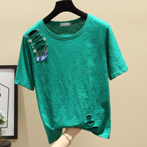 2021 Summer new loose short sleeves T-shirt womens clothing Ins 100 hitch Taste Blouse Hollowed-out for Beggar-Shirt Tide T