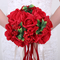 Bride hand bouquet Wedding yarn Photo studio shooting props Chinese wedding with red ribbon simulation flower silk flower Korean style