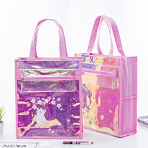 Female ins Korean version of tuition bag student handbag carrying book bag children cute Art bag laser transparent girl make-up class tuition bag for male and female primary school students with book file bag art homework bag