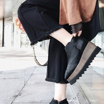 Leather horsehair muffin thick-soled short boots women's 2021 autumn and winter square head high slope heel casual naked boots Chelsea single boots tide