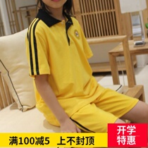 Yucai primary school uniform Guangzhou male and female primary school students yellow three bars childrens sportswear 2021 summer short sleeve pants