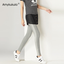 Gray leggings women wear net red thin tight spring and summer thin stretch vertical stripes large size nine-point sweatpants