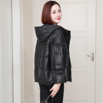 zqqz Leather Down Jacket Women Short 2021 Winter New Sheep Leather Thick Hooded Leather Jacket Jacket 2013