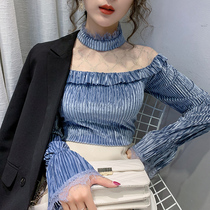 2019 autumn winter new sexy foreign piste blouse gold velvet blouse with delicate web yarn half-high collar bottom-shirt female inner lap