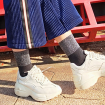 Spring and autumn pure cotton gold thread silver onion socks Korean style splicing gold and silver silk sports short socks womens college style retro mid-tube socks