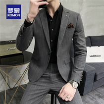 Romon professional striped suit mens Korean version repair body repair class casual suit groom wedding dress spring