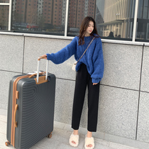 Knitted wide-leg pants black pants womens autumn and winter slimming joker loose net red grandma pants small feet Haren pants nine points