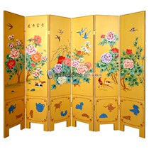  Yangzhou lacquerware neoclassical lacquer art home decoration yellow ground painted flowers blooming rich six-fold screen partition customization