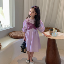 Child spring and summer girl dress 2021 New Baby fake two dress atmospheric Purple Girl dress
