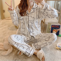 Spring cotton new cardigan pajamas womens long sleeve cartoon cute student ins home clothing cotton autumn and winter suit