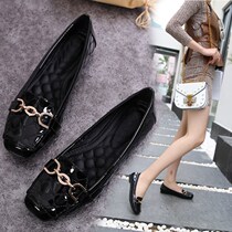 Counter 2021 new leather single shoes women flat bottom Wild Bean shoes square head soft leather low heel shallow mouth large size womens shoes