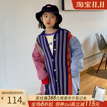 Girls sweater 2021 foreign style new middle and big childrens stitching color trend knitted cardigan sweater