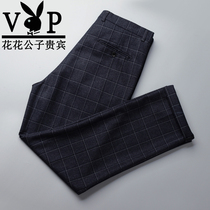 Large size mens medium and high waist straight casual trousers Mens plaid striped business casual fat loose suit pants