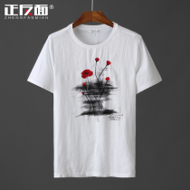 Ink printing embroidered linen T-shirt mens short sleeve cotton linen youth trend half sleeve mens shirt shirt shirt E