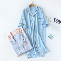 Cotton silk nightgown womens summer thin short sleeve cardigan breathable Korean Ice Silk Home dress nightgown cotton knee long skirt