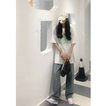 High-waisted jeans womens autumn and winter straight tube loose thin 2021 New Korean version of the hanging feeling mop the floor show high wide leg pants